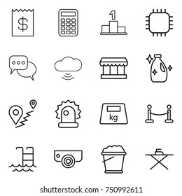 thin line icon set : receipt, calculator, pedestal, chip, discussion, cloud wireless, market, cleanser, route, alarm, heavy, vip fence, pool, surveillance camera, foam bucket, iron board