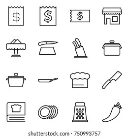 thin line icon set : receipt, shop, restaurant, cutting board, stands for knives, pan, chief hat, chef knife, cooking book, plates, grater, hot pepper