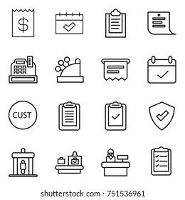 thin line icon set : receipt, calendar, clipboard, shopping list, cashbox, atm, terms, customs, check, protected, detector, baggage checking, reception