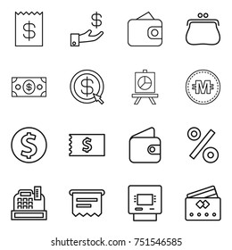thin line icon set : receipt, investment, wallet, purse, money, dollar arrow, presentation, crypto currency, coin, percent, cashbox, atm, credit card