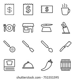 thin line icon set : receipt, hot drink, cafe, shop, cutting board, stands for knives, skimmer, spatula, big spoon, chef knife, cooking book, meal cap, pepper, barrel