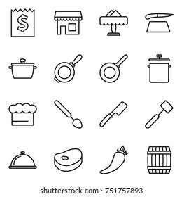 thin line icon set : receipt, shop, restaurant, cutting board, pan, chief hat, big spoon, chef knife, meat hammer, meal cap, steake, hot pepper, barrel