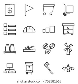 thin line icon set : receipt, flag, delivery, cargo stoller, list, greenhouse, sorting, nightstand, salt pepper, soil cutter, coffee seeds, windmill, hierarchy, hive, tooth brush