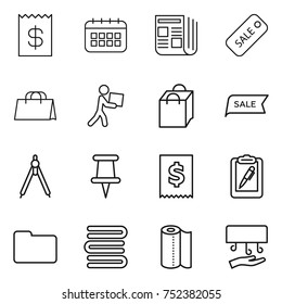 thin line icon set : receipt, calendar, newspaper, sale, shopping bag, courier, drawing compasses, pin, tax, clipboard pen, documents, towels, paper towel, hand dryer