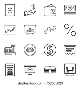 thin line icon set : receipt, investment, wallet, money, statistics, presentation, graph, percent, cashbox, crypto currency, dollar coin, atm, calculator