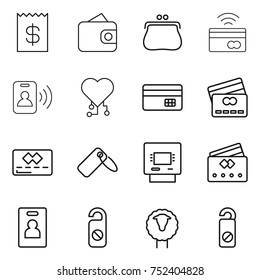 thin line icon set : receipt, wallet, purse, tap to pay, pass card, cardio chip, credit, label, atm, identity, do not distrub, sheep