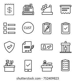 thin line icon set : receipt, cashbox, atm, list, customs, clipboard pen, check, protected, inventory, in, detector, inspector, mobile checking, reception