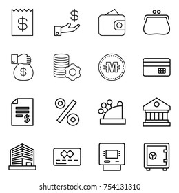 thin line icon set : receipt, investment, wallet, purse, money gift, virtual mining, crypto currency, credit card, account balance, percent, cashbox, library, office, atm, safe