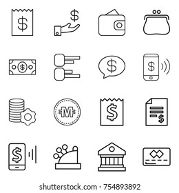 thin line icon set : receipt, investment, wallet, purse, money, diagram, message, phone pay, virtual mining, crypto currency, account balance, mobile, cashbox, library, credit card