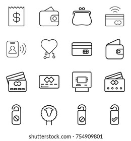 thin line icon set : receipt, wallet, purse, tap to pay, pass card, cardio chip, credit, atm, do not distrub, sheep, please clean