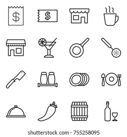 thin line icon set : receipt, shop, hot drink, cocktail, pan, skimmer, chef knife, salt pepper, plates, fork spoon plate, meal cap, barrel, wine