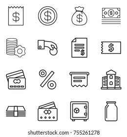 thin line icon set : receipt, dollar, money bag, virtual mining, hand coin, account balance, credit card, percent, atm, building, safe, bank