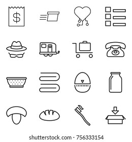 Thin line icon set : receipt, delivery, cardio chip, list, confidential, trailer, baggage trolley, phone, colander, towel, egg timer, bank, mushroom, bread, tooth brush, package