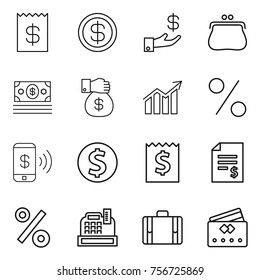 thin line icon set : receipt, dollar, investment, purse, money, gift, diagram, percent, phone pay, coin, account balance, cashbox, suitcase, credit card