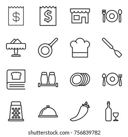 Thin line icon set : receipt, shop, cafe, restaurant, pan, cook hat, spatula, cooking book, salt pepper, plates, fork spoon plate, grater, meal cap, hot, wine