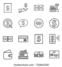 Thin line icon set : receipt, investment, money, cashbox, dollar arrow, message, crypto currency, coin, credit card, mobile pay, wallet, invoice