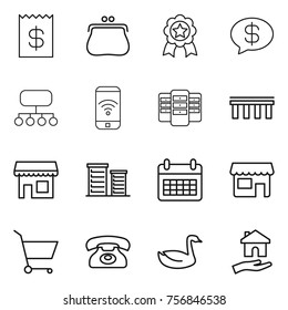 Thin line icon set : receipt, purse, medal, money message, structure, phone wireless, server, bridge, shop, district, calendar, cart, goose, housing
