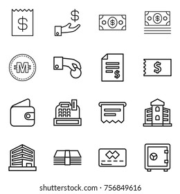 Thin line icon set : receipt, investment, money, crypto currency, hand coin, account balance, wallet, cashbox, atm, building, office, credit card, safe