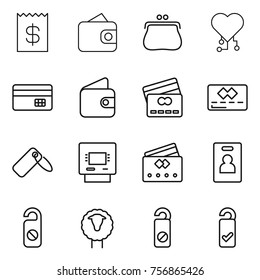 Thin line icon set : receipt, wallet, purse, cardio chip, credit card, label, atm, identity, do not distrub, sheep, please clean