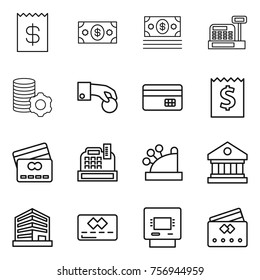 Thin line icon set : receipt, money, cashbox, virtual mining, hand coin, credit card, library, office, atm