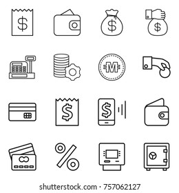 Thin Line Icon Set : Receipt, Wallet, Money Bag, Gift, Cashbox, Virtual Mining, Crypto Currency, Hand Coin, Credit Card, Mobile Pay, Percent, Atm, Safe