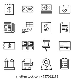 Thin line icon set : receipt, money, calendar, newspaper, gift, account balance, panel house, pin, invoice, cargo top sign, inventory, map, clipboard list