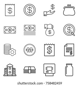 Thin line icon set : receipt, dollar, investment, purse, money, gift, arrow, virtual mining, crypto currency, account balance, building, atm, bank