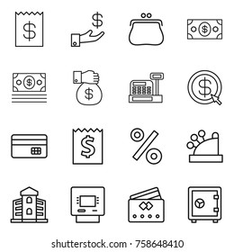 Thin line icon set : receipt, investment, purse, money, gift, cashbox, dollar arrow, credit card, percent, building, atm, safe