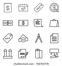 Thin line icon set : receipt, calendar, sale, dollar arrow, money, shopping list, bag, label, drawing compasses, document, cargo top sign, inventory, paper towel, hand dryer