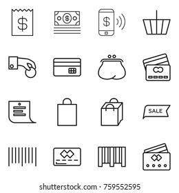 Thin line icon set : receipt, money, phone pay, basket, hand coin, credit card, purse, shopping list, bag, sale, bar code