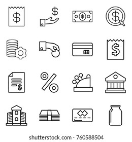 Thin line icon set : receipt, investment, money, dollar arrow, virtual mining, hand coin, credit card, account balance, percent, cashbox, library, building, bank