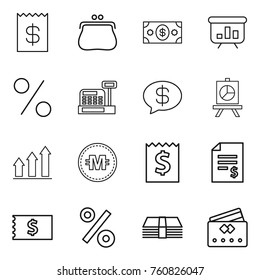 Thin line icon set : receipt, purse, money, presentation, percent, cashbox, message, graph up, crypto currency, account balance, credit card