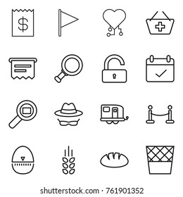 Thin line icon set : receipt, flag, cardio chip, add to basket, atm, magnifier, unlock, terms, cargo search, confidential, trailer, vip fence, egg timer, spikelets, bread, trash bin