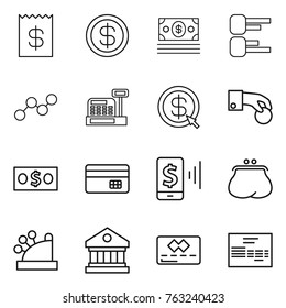 Thin line icon set : receipt, dollar, money, diagram, graph, cashbox, arrow, hand coin, credit card, mobile pay, purse, library, invoice