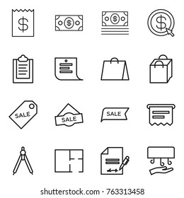 Thin line icon set : receipt, money, dollar arrow, clipboard, shopping list, bag, sale label, atm, drawing compasses, plan, inventory, hand dryer