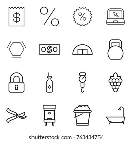 Thin line icon set : receipt, percent, notebook, hex molecule, money, hangare, heavy, locked, vegetable oil, handle scales, grape, pruner, hive, foam bucket, bath