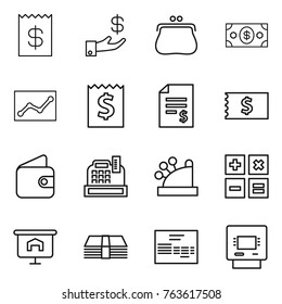 Thin line icon set : receipt, investment, purse, money, statistics, account balance, wallet, cashbox, calculator, presentation, invoice, atm