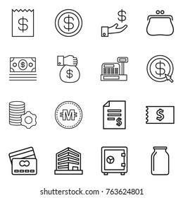 Thin line icon set : receipt, dollar, investment, purse, money, gift, cashbox, arrow, virtual mining, crypto currency, account balance, credit card, office, safe, bank