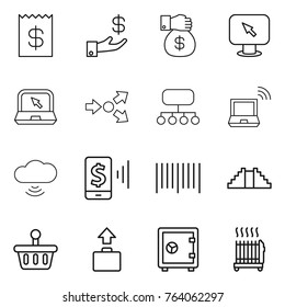 Thin line icon set : receipt, investment, money gift, monitor arrow, notebook, core splitting, structure, wireless, cloud, mobile pay, bar code, pyramid, basket, baggage, safe, radiator