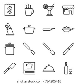 Thin line icon set : receipt, hot drink, cocktail, shop, stands for knives, pan, spatula, big spoon, knife, chef, cooking book, meal cap, wine