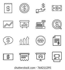 Thin line icon set : receipt, dollar, investment, money, statistics, presentation, cashbox, arrow, message, graph up, crypto currency, account balance, atm