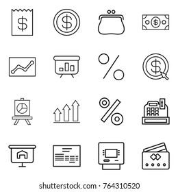 Thin line icon set : receipt, dollar, purse, money, statistics, presentation, percent, arrow, graph up, cashbox, invoice, atm, credit card