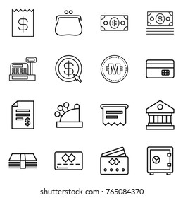 Thin line icon set : receipt, purse, money, cashbox, dollar arrow, crypto currency, credit card, account balance, atm, library, safe