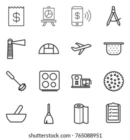 Thin line icon set : receipt, presentation, phone pay, draw compass, lighthouse, greenhouse, plane, colander, whisk, hob, food processor, cookies, mortar, broom, paper towel, clipboard list