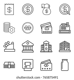 Thin line icon set : receipt, dollar, money gift, arrow, virtual mining, crypto currency, credit card, cashbox, library, building, office, atm, bank