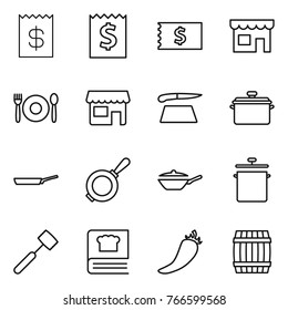 Thin line icon set : receipt, shop, cafe, cutting board, pan, meat hammer, cooking book, hot pepper, barrel