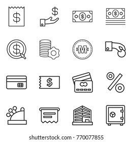 Thin line icon set : receipt, investment, money, dollar arrow, virtual mining, crypto currency, hand coin, credit card, percent, cashbox, atm, office, safe