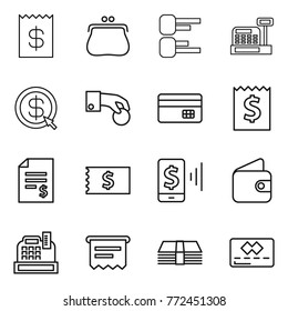Thin line icon set : receipt, purse, diagram, cashbox, dollar arrow, hand coin, credit card, account balance, mobile pay, wallet, atm, money