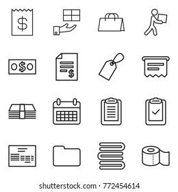 Thin line icon set : receipt, gift, shopping bag, courier, money, account balance, label, atm, calendar, clipboard, check, invoice, documents, towels, toilet paper