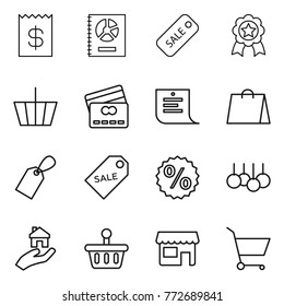 Thin line icon set : receipt, annual report, sale, medal, basket, credit card, shopping list, bag, label, percent, real estate, shop, cart